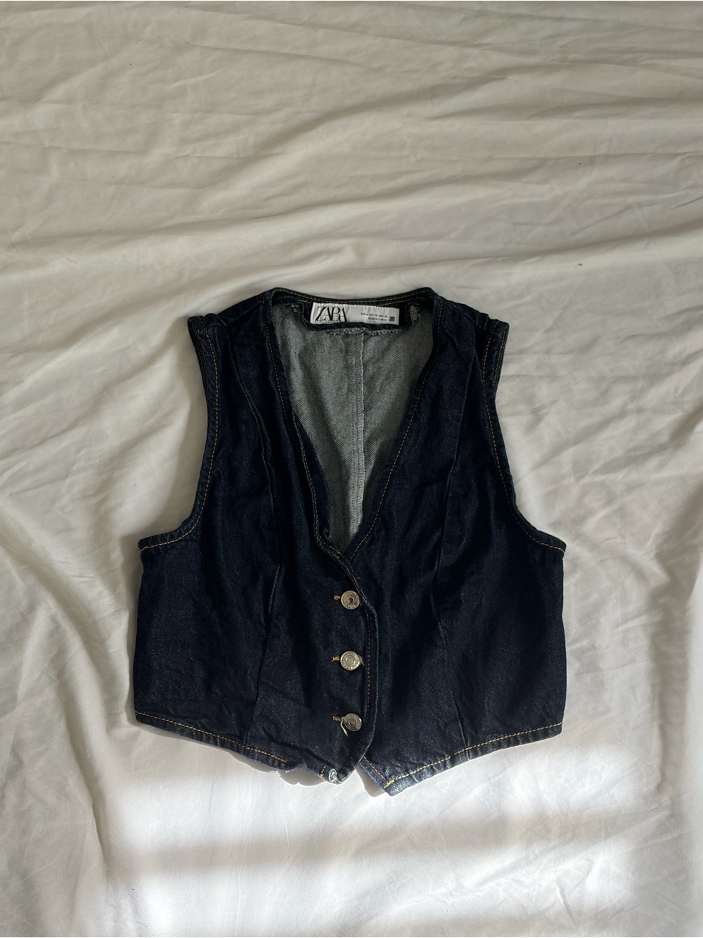 Zara Black Denim Button-Front Crop Vest